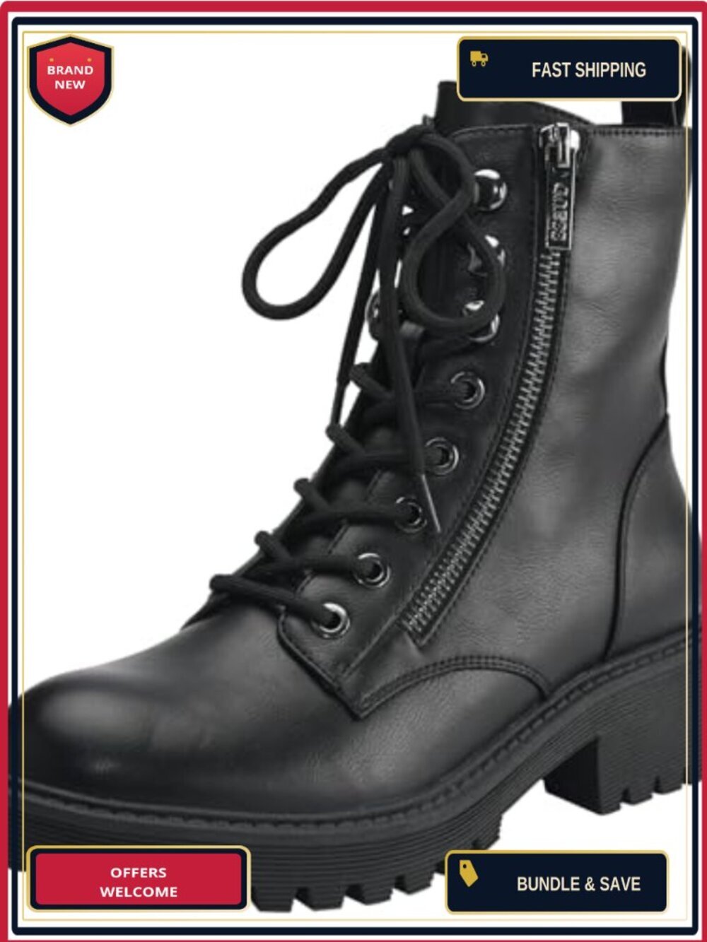 Faux Leather Round Toe Ankle Combat Boots with Zipper